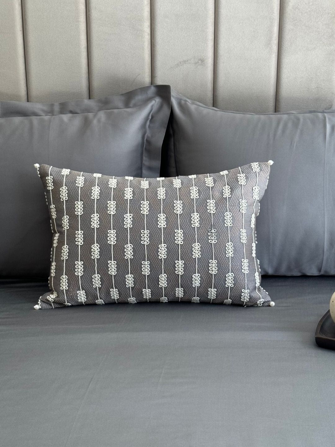 Embroidered accent cushion cover in elephant grey