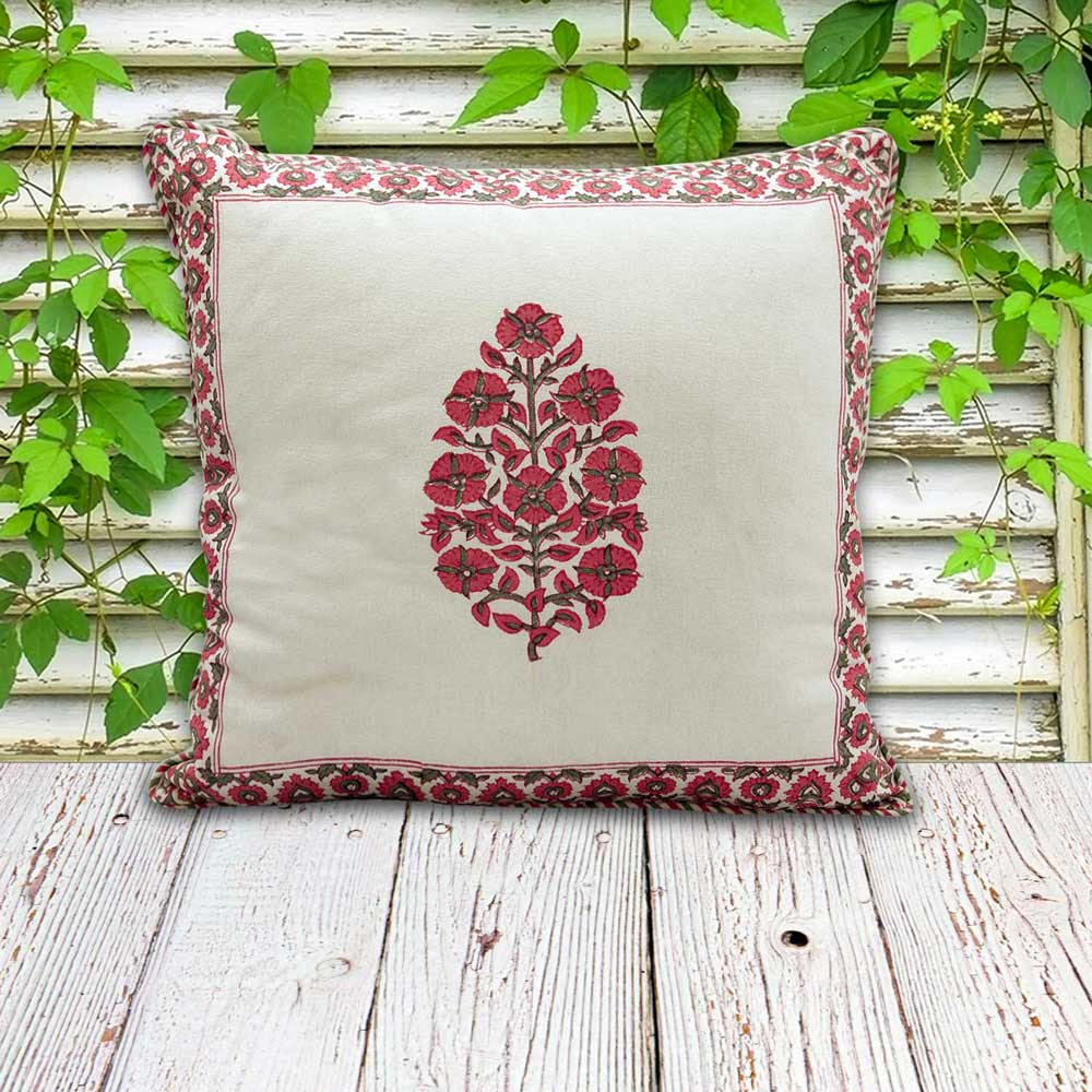 Hand Block Floral Printed Garden Living Room, Sofa Cotton Cushion Cover 16"x16" - Elysian Home Decor