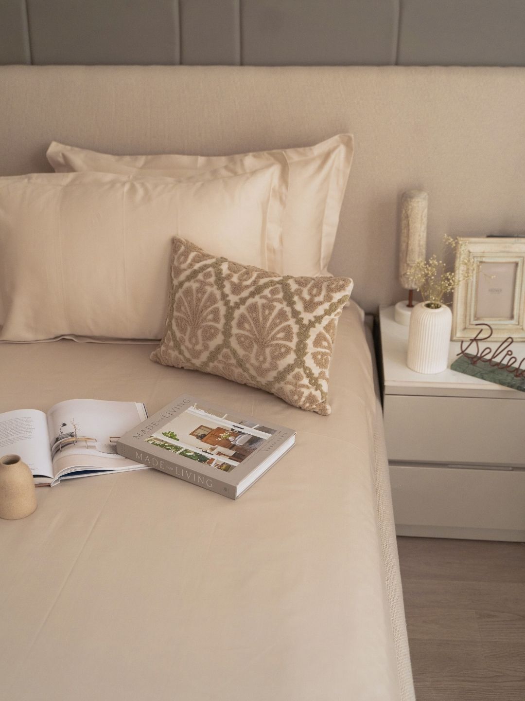 Embroidered accent cushion cover in oats beige