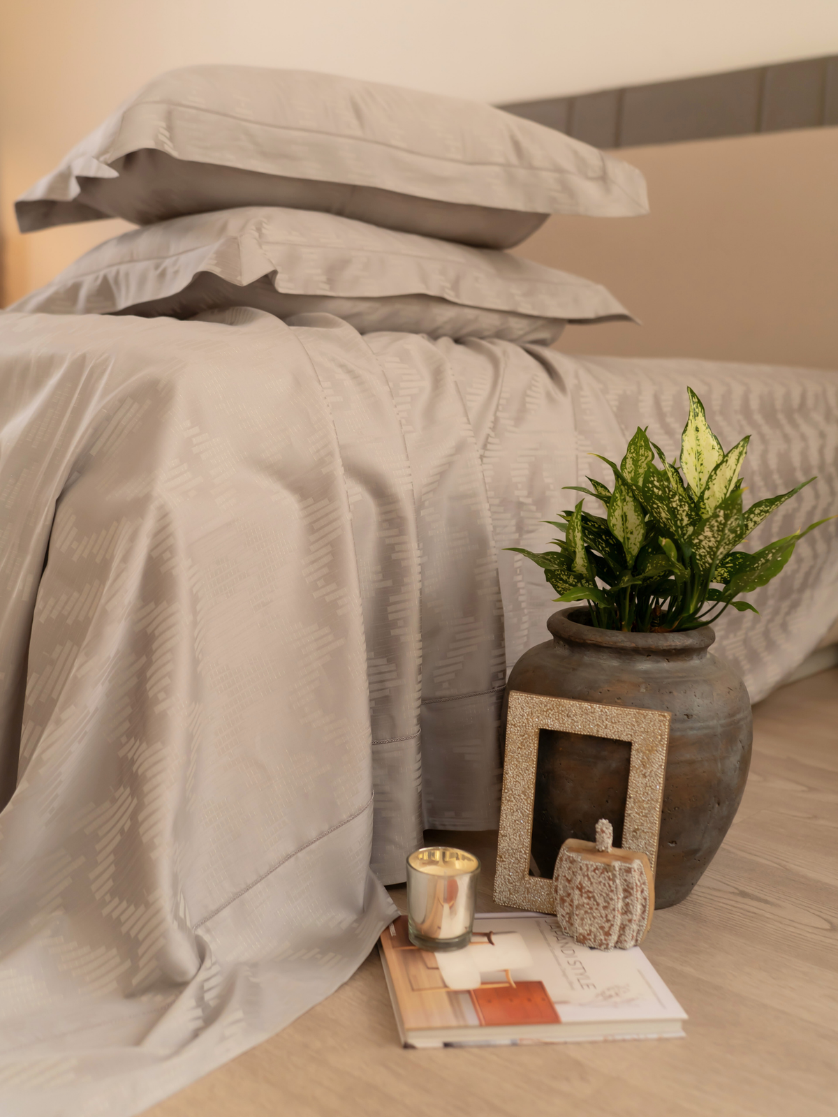 Twilight Silver Premium Tencel Jacquard Bedsheet Set with Lace - Elysian Home Decor