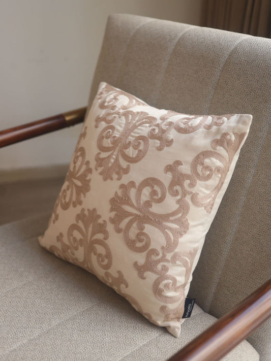 Blooming Elegance Cotton Embroidered Buff Cushion Cover 16" X 16" - Elysian Home Decor