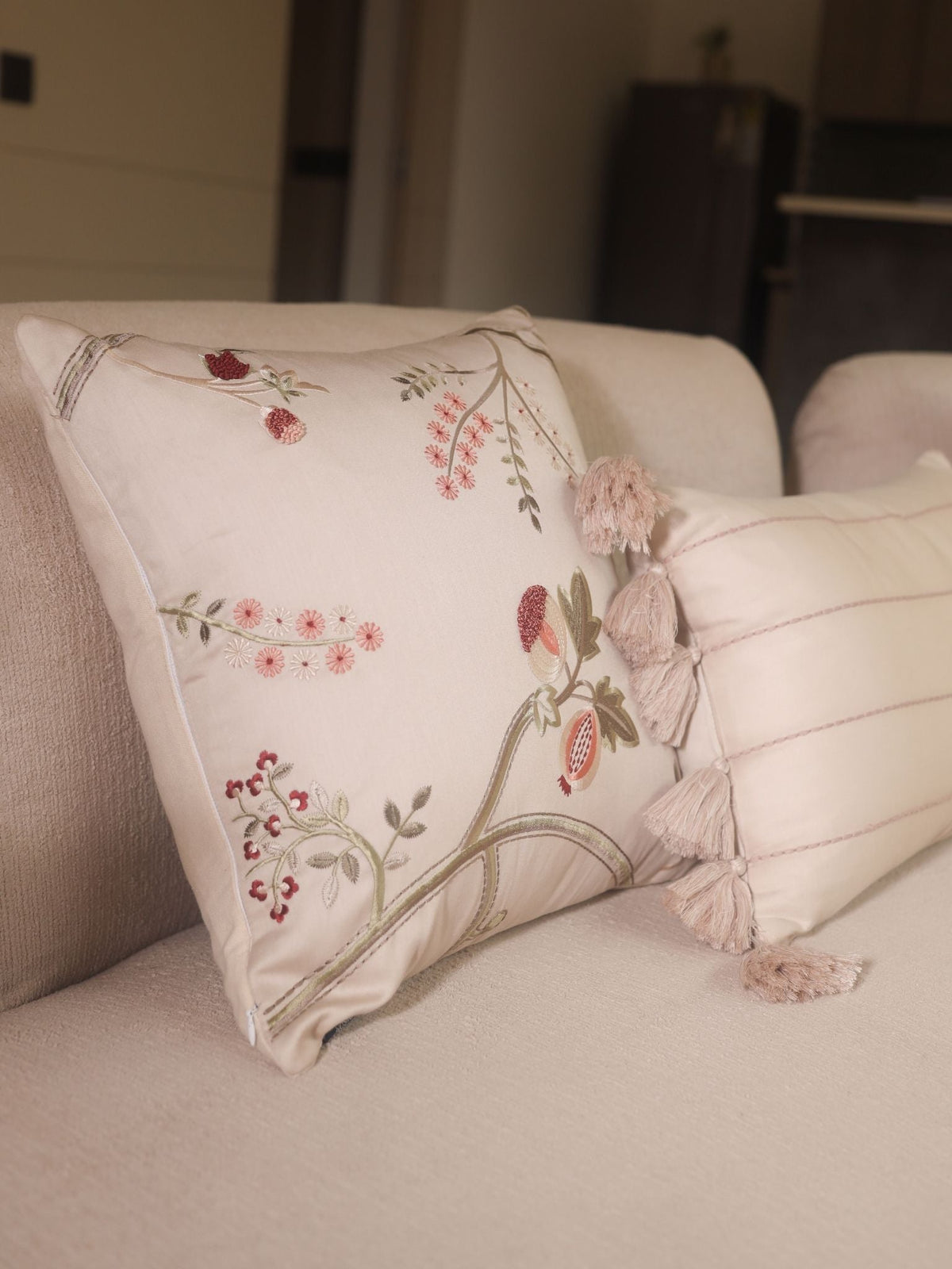 Botanical Charm Cotton Embroidered Beige Cushion Cover 16" X 16" - Elysian Home Decor