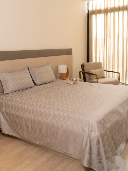 Twilight Silver Premium Tencel Jacquard Bedsheet Set with Lace - Elysian Home Decor