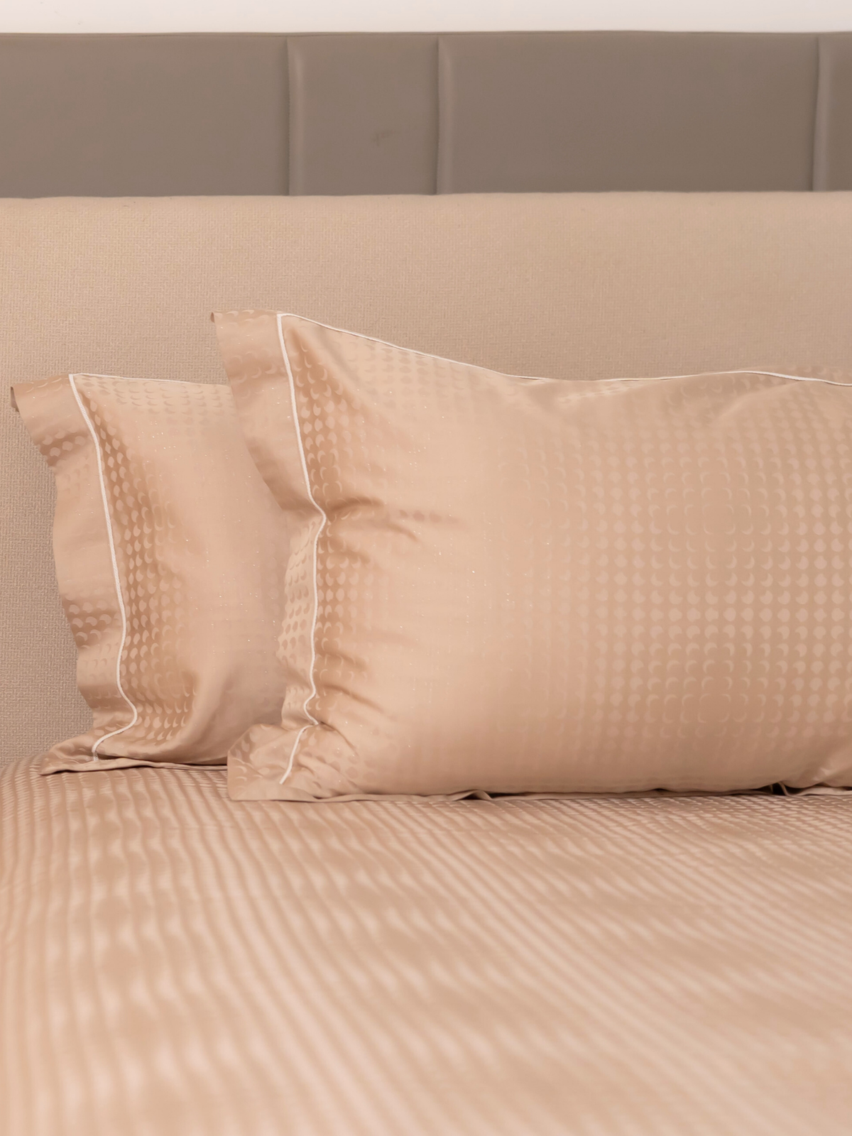 Biscotti Beige Premium Tencel Jacquard Bedsheet Set with Lace - Elysian Home Decor