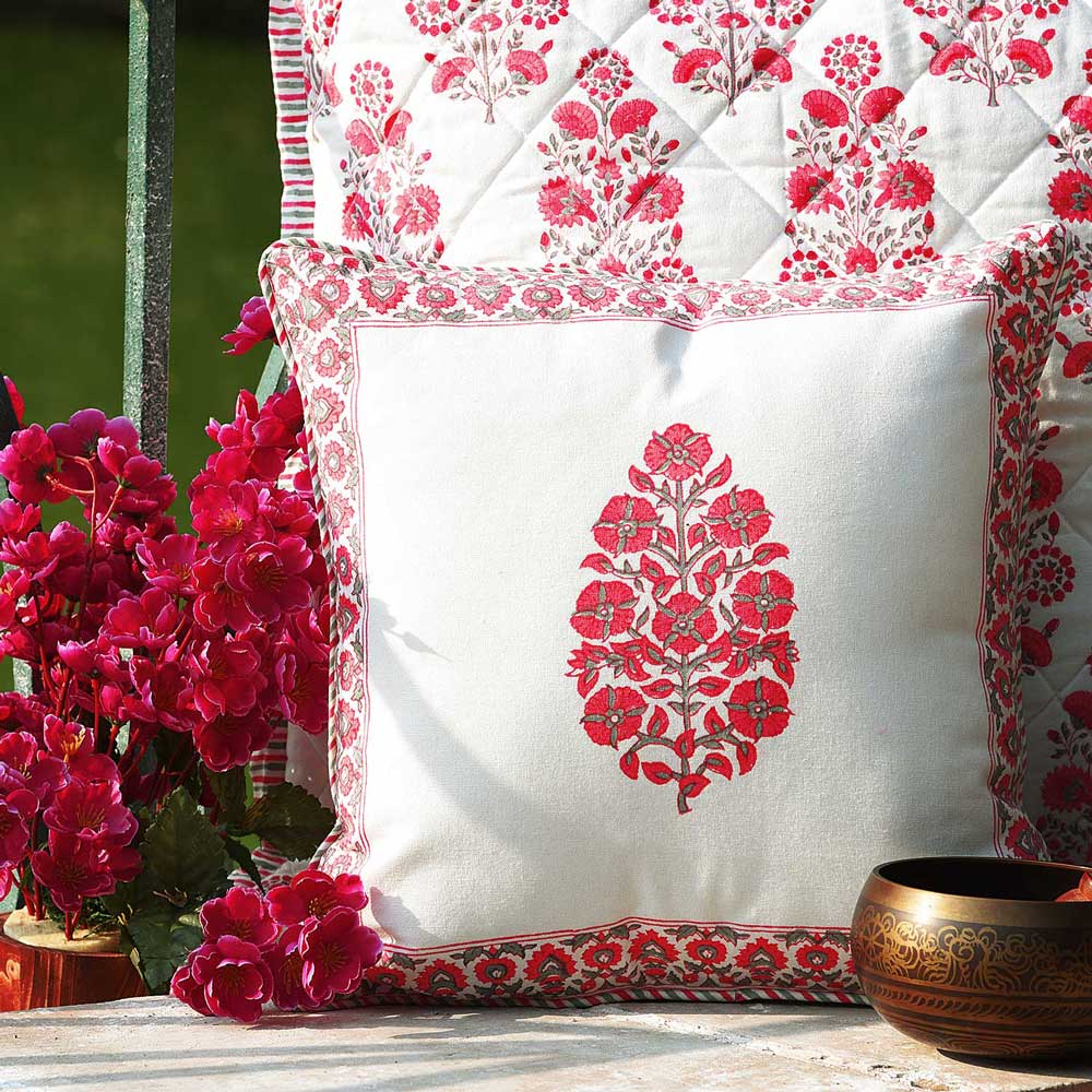 Hand Block Floral Printed Garden Living Room, Sofa Cotton Cushion Cover 16"x16" - Elysian Home Decor