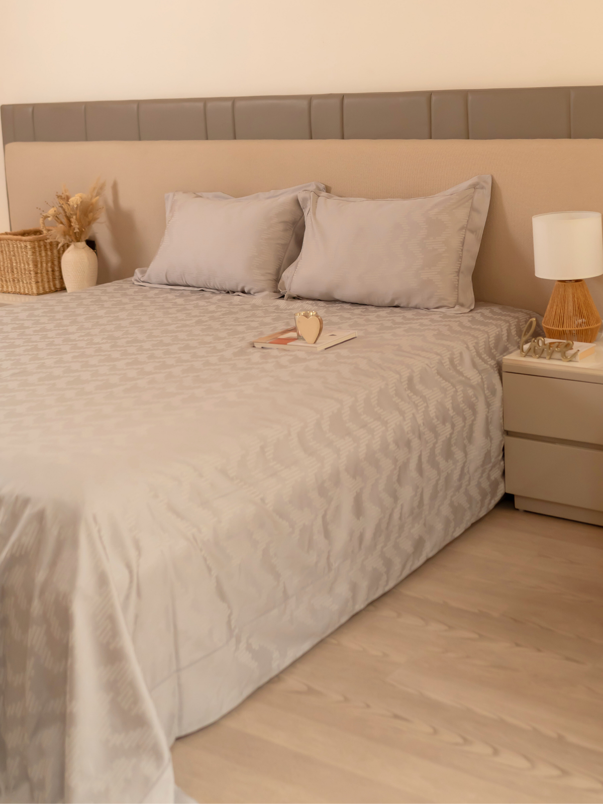 Twilight Silver Premium Tencel Jacquard Bedsheet Set with Lace - Elysian Home Decor