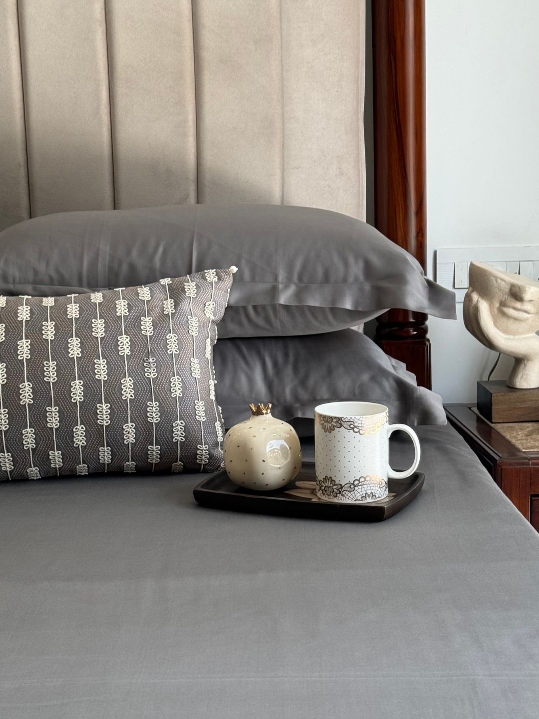 Full bed styled with elephant grey treasure bedsheet set