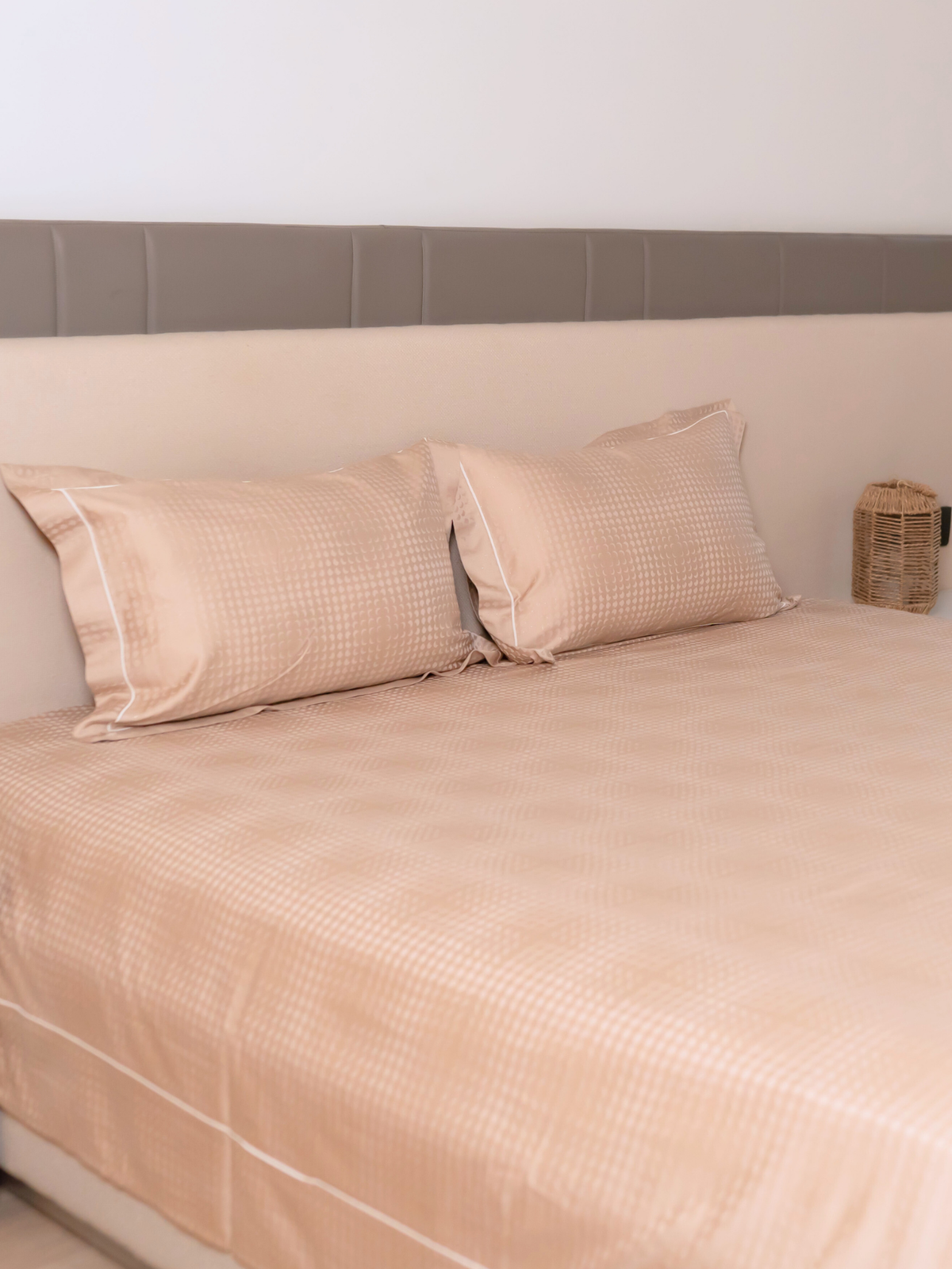 Biscotti Beige Premium Tencel Jacquard Bedsheet Set with Lace - Elysian Home Decor