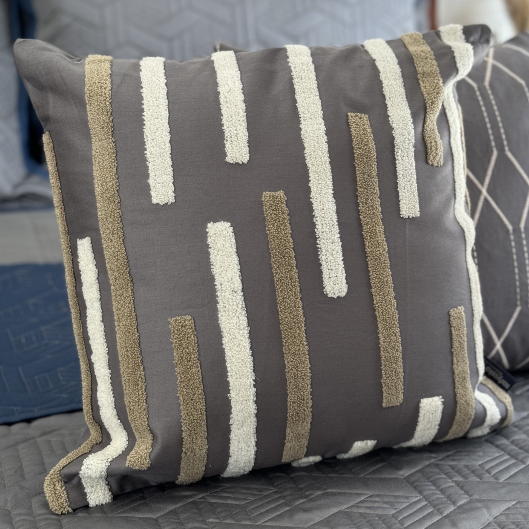 Sleek Lines Cotton Embroidered Dark Grey Cushion Cover 16" X 16" - Elysian Home Decor
