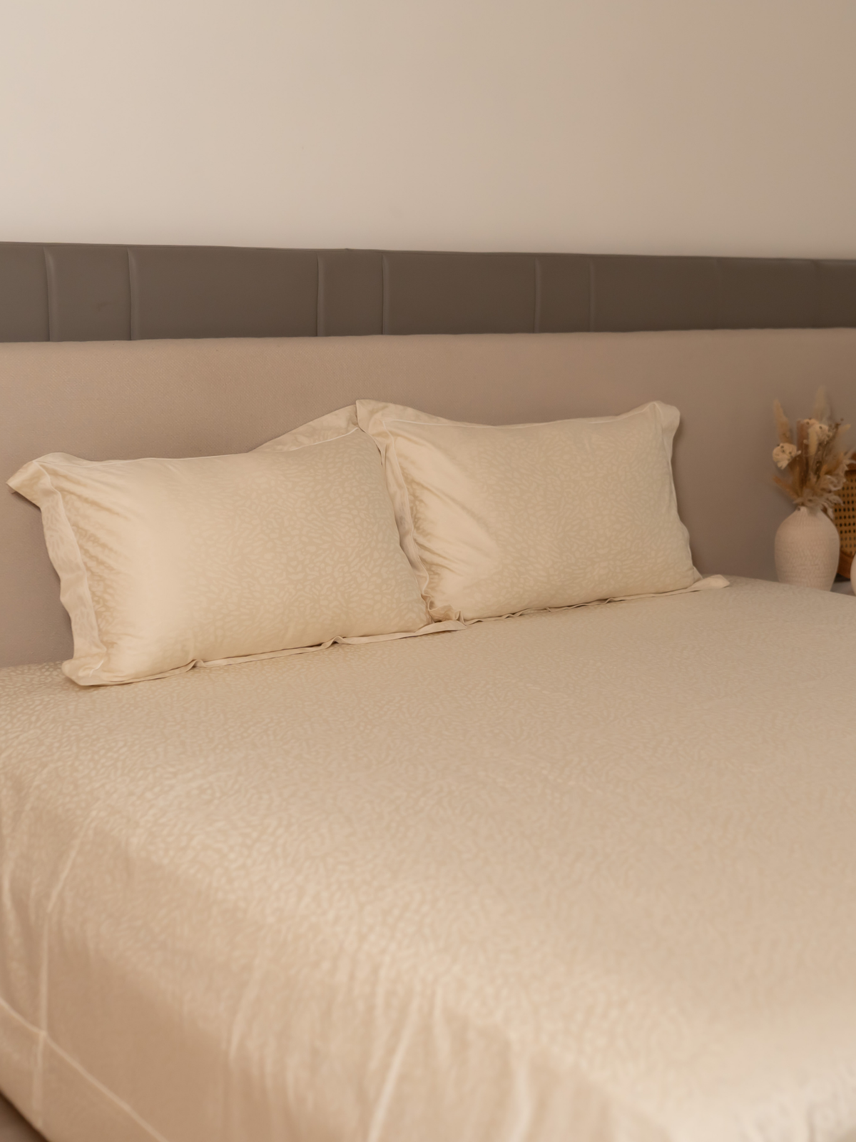 Vanilla Frost Premium Tencel Jacquard Bedsheet Set with Lace - Elysian Home Decor
