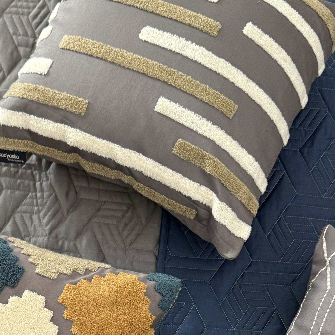 Sleek Lines Cotton Embroidered Dark Grey Cushion Cover 16" X 16" - Elysian Home Decor