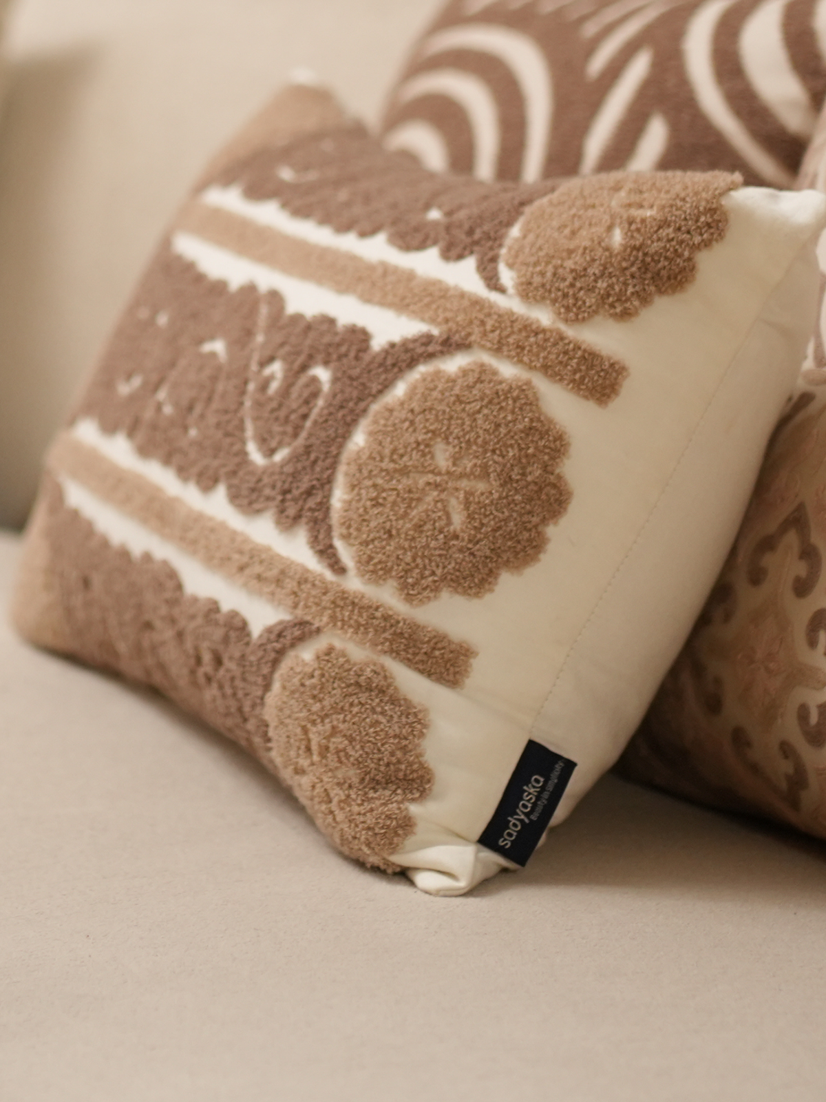 Fantasia Ivory Deco Cotton Embroidered Cushion Cover 12" X 18" - Elysian Home Decor