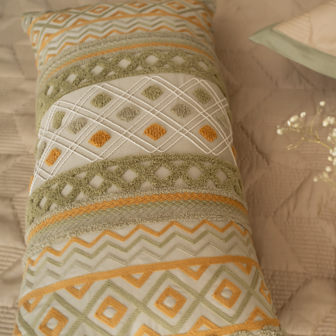 Folk Geo Cotton Embroidered Cushion Cover 12x24 - Elysian Home Decor