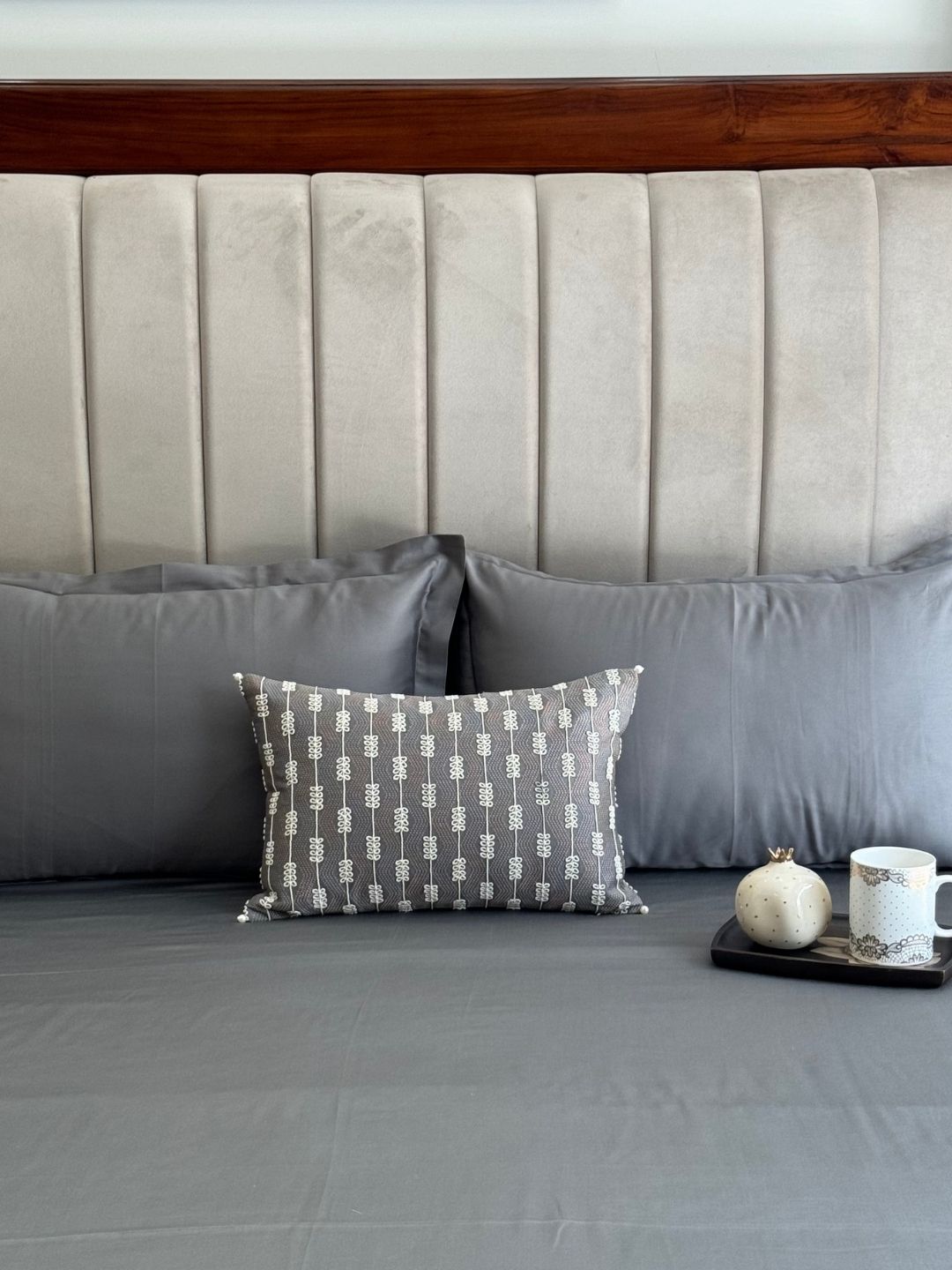 Bedroom scene with elephant grey bedsheet set