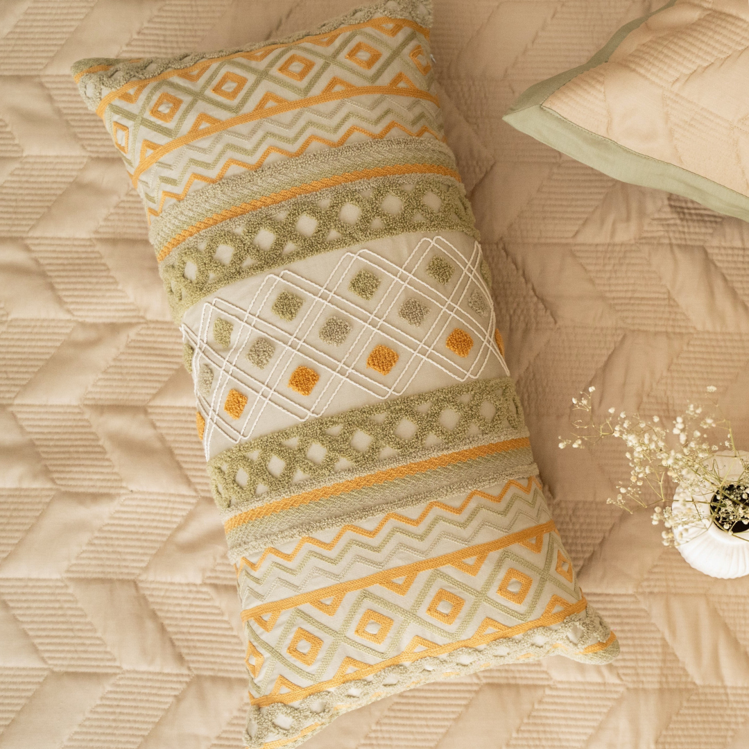 Folk Geo Cotton Embroidered Cushion Cover 12x24 - Elysian Home Decor