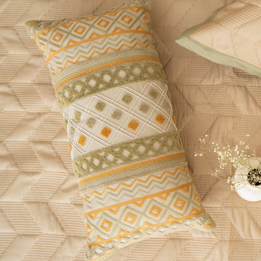 Folk Geo Cotton Embroidered Cushion Cover 12x24 - Elysian Home Decor