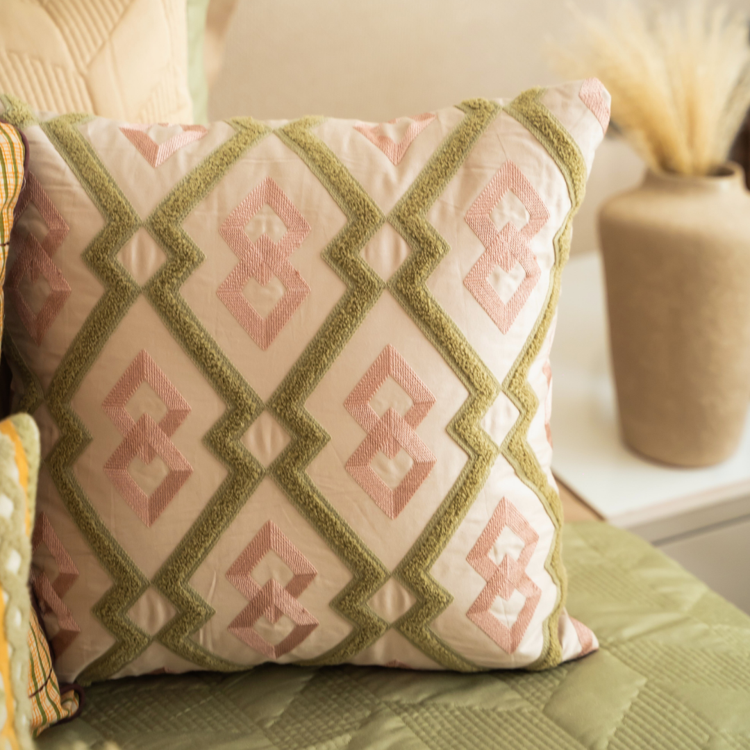 Toledo Cotton Embroidered Beige Cushion Cover 16" X 16" - Elysian Home Decor