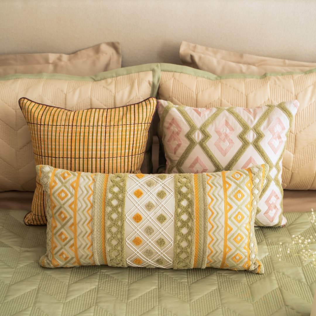Folk Geo Cotton Embroidered Cushion Cover 12x24 - Elysian Home Decor