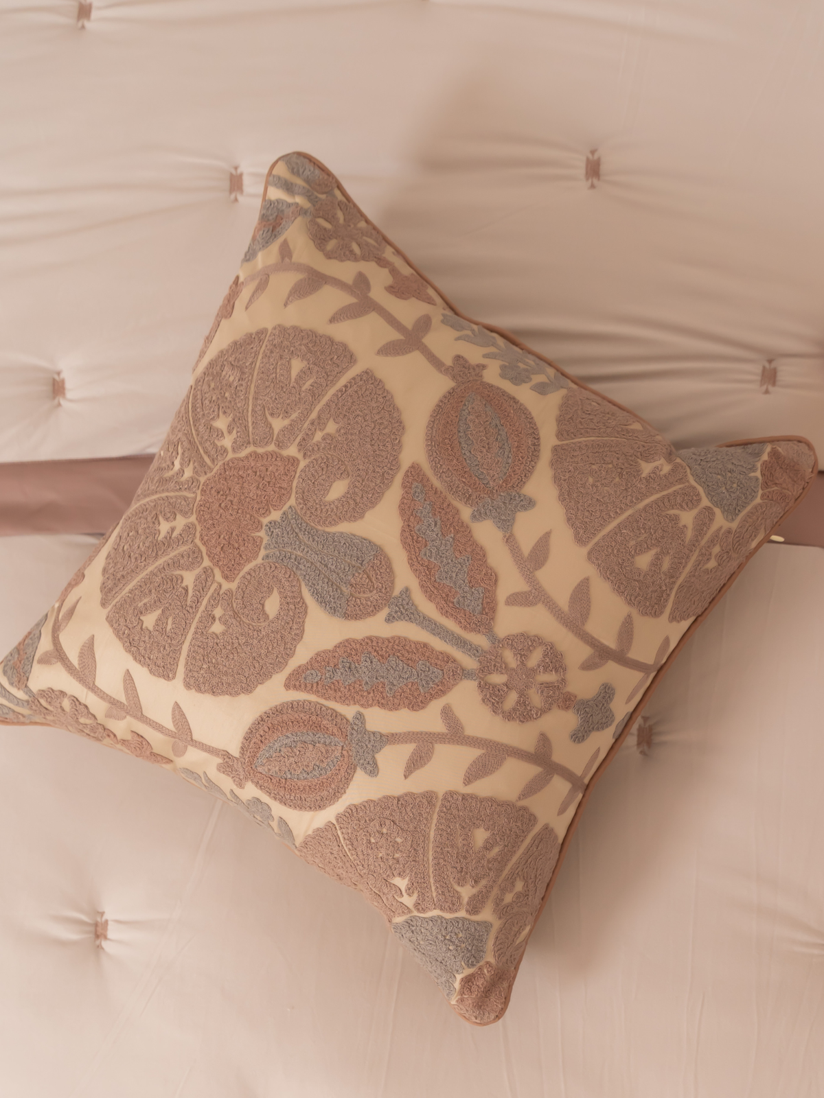 Bonica Beige Cotton Embroidered Cushion Cover 16" X 16" - Elysian Home Decor