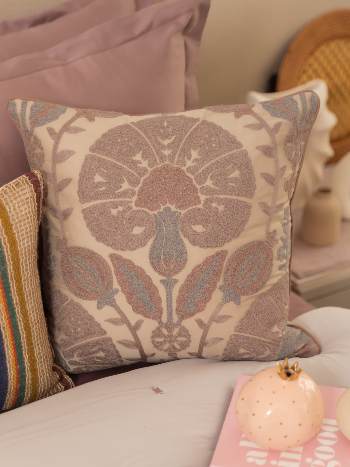 Bonica Beige Cotton Embroidered Cushion Cover 16" X 16" - Elysian Home Decor