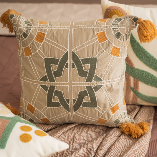 SPECTRUM Cotton Embroidered Beige Cushion Cover 16" X 16" - Elysian Home Decor