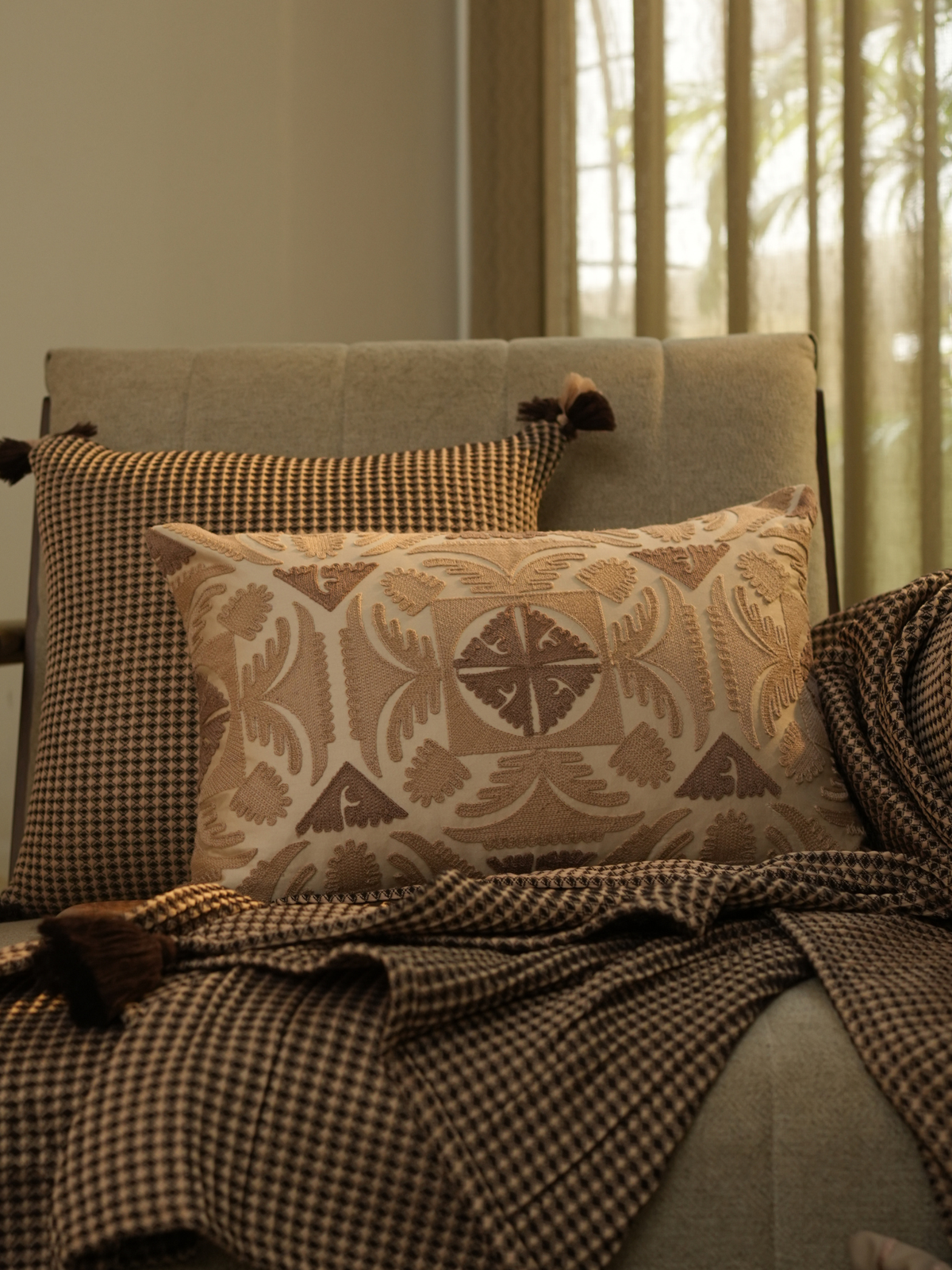 Dune Oats Beige Cotton Embroidered Cushion Cover 12" X 18" - Elysian Home Decor