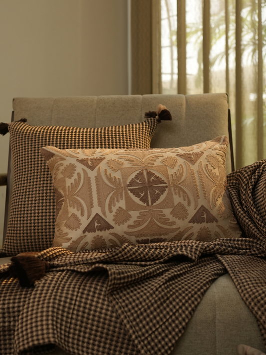 Dune Oats Beige Cotton Embroidered Cushion Cover 12" X 18" - Elysian Home Decor