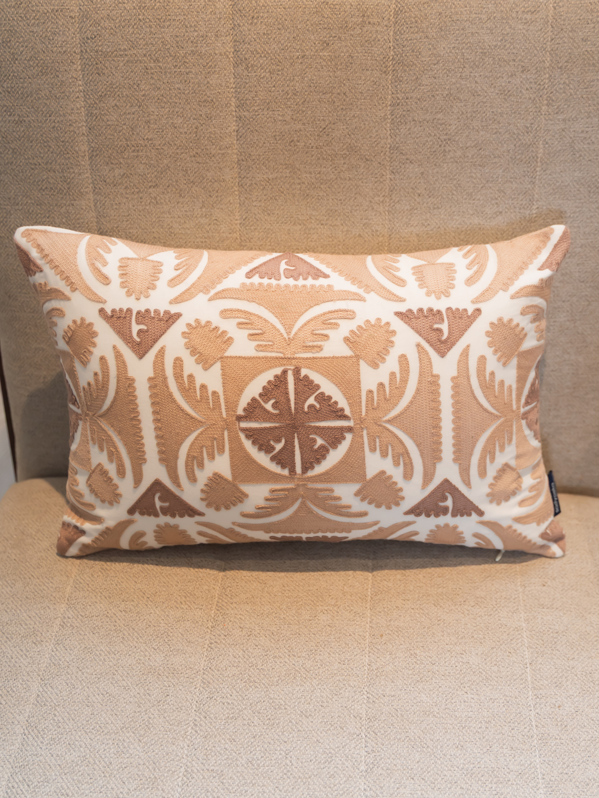 Dune Oats Beige Cotton Embroidered Cushion Cover 12" X 18" - Elysian Home Decor