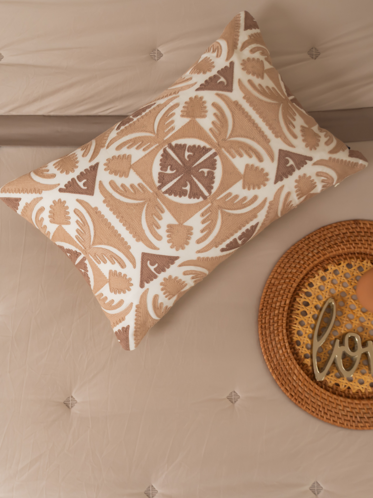 Dune Oats Beige Cotton Embroidered Cushion Cover 12" X 18" - Elysian Home Decor