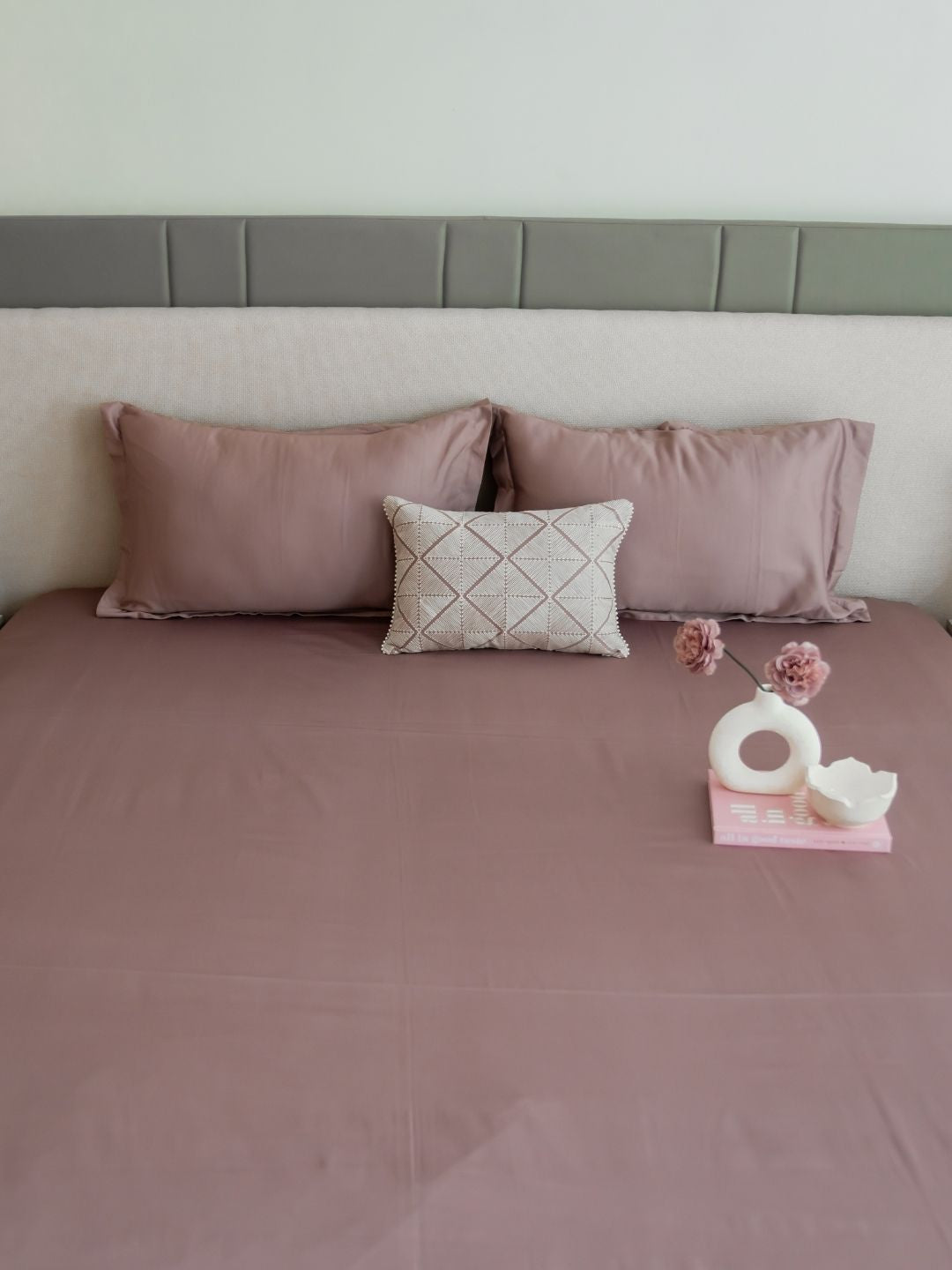 Full bed styled with old rose treasure bedsheet set