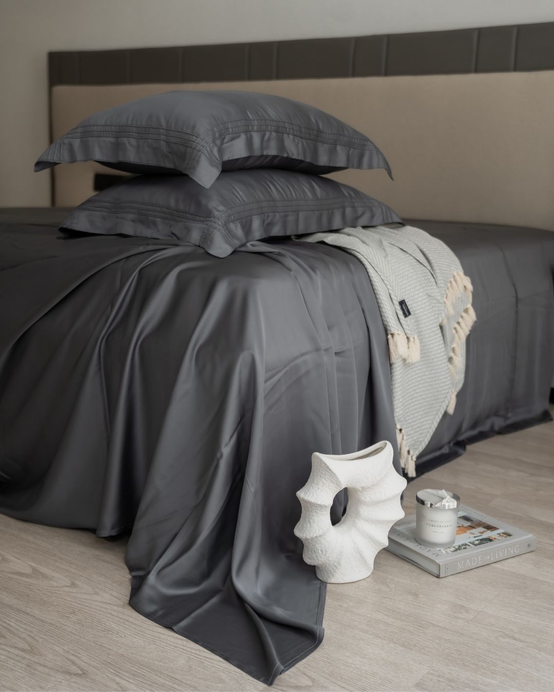 Charcoal Grey Pleated Bamboo Bedsheet Set - Elysian Home Decor