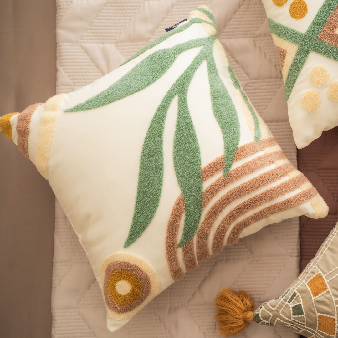 Leafy Lagoon Cotton Embroidered Ivory Cushion Cover 16" X 16" - Elysian Home Decor