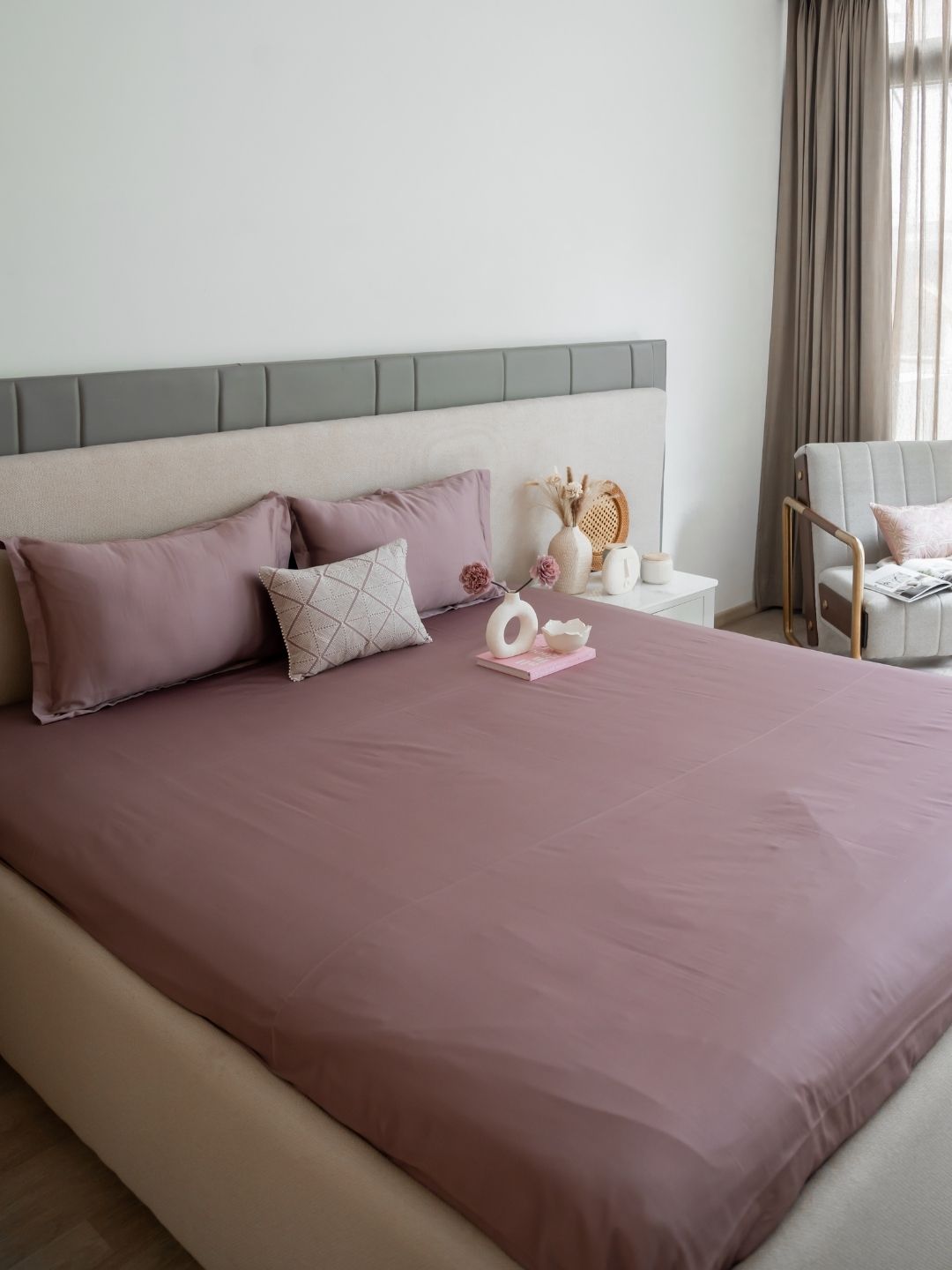 Bedroom scene with old rose bedsheet set