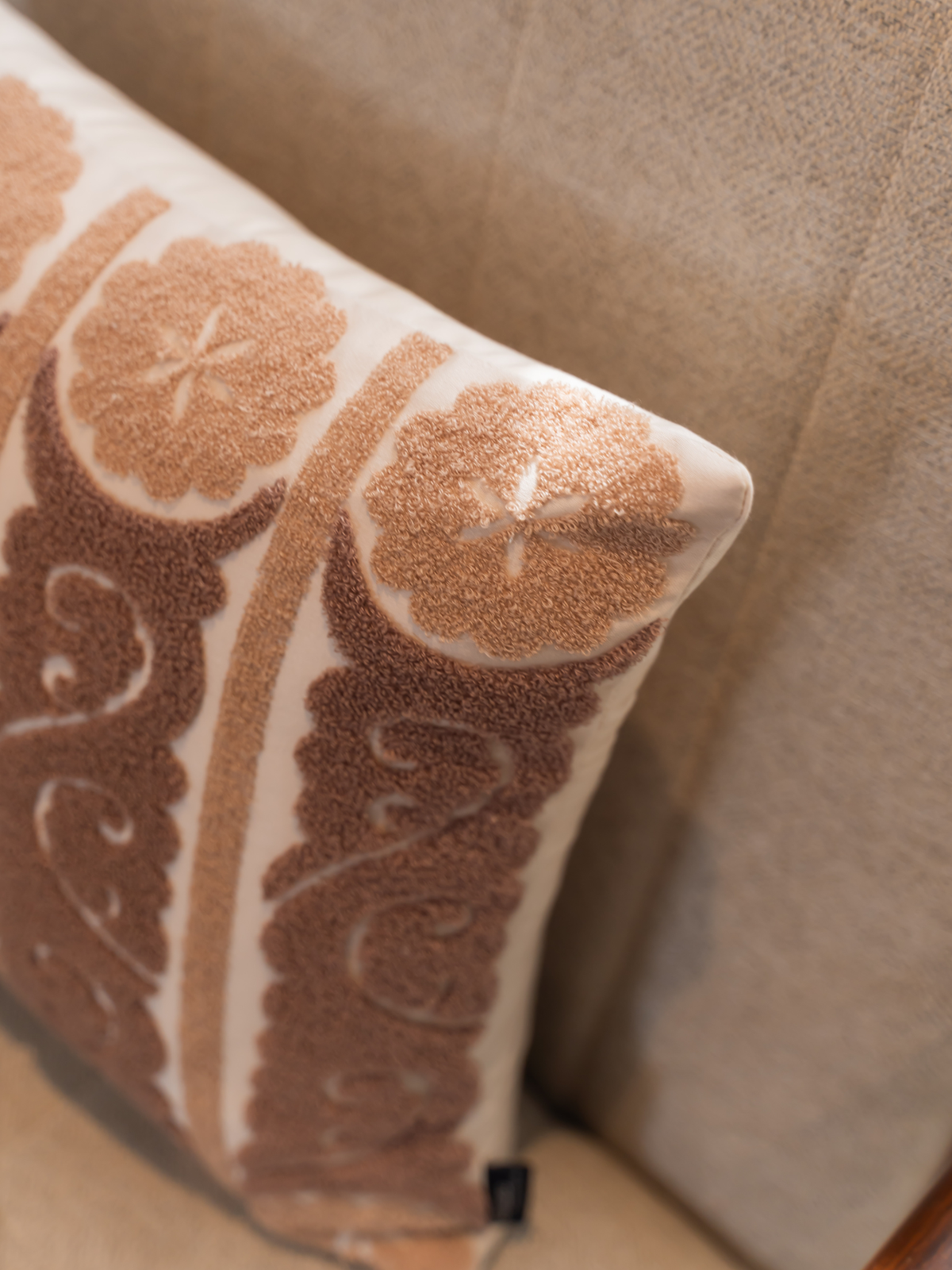 Fantasia Oats Beige Cotton Embroidered Cushion Cover 16" X 16" - Elysian Home Decor