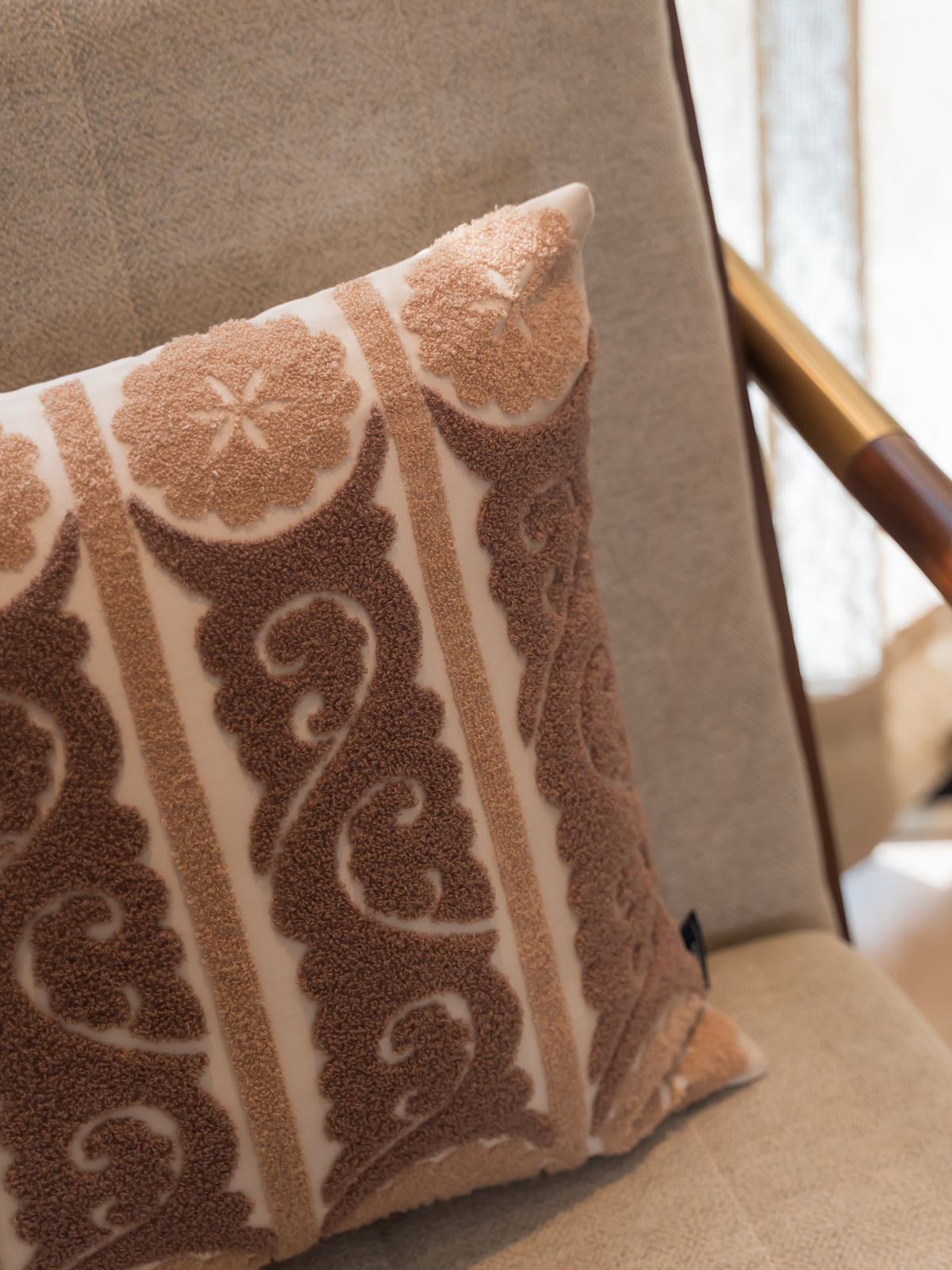 Fantasia Oats Beige Cotton Embroidered Cushion Cover 16" X 16" - Elysian Home Decor