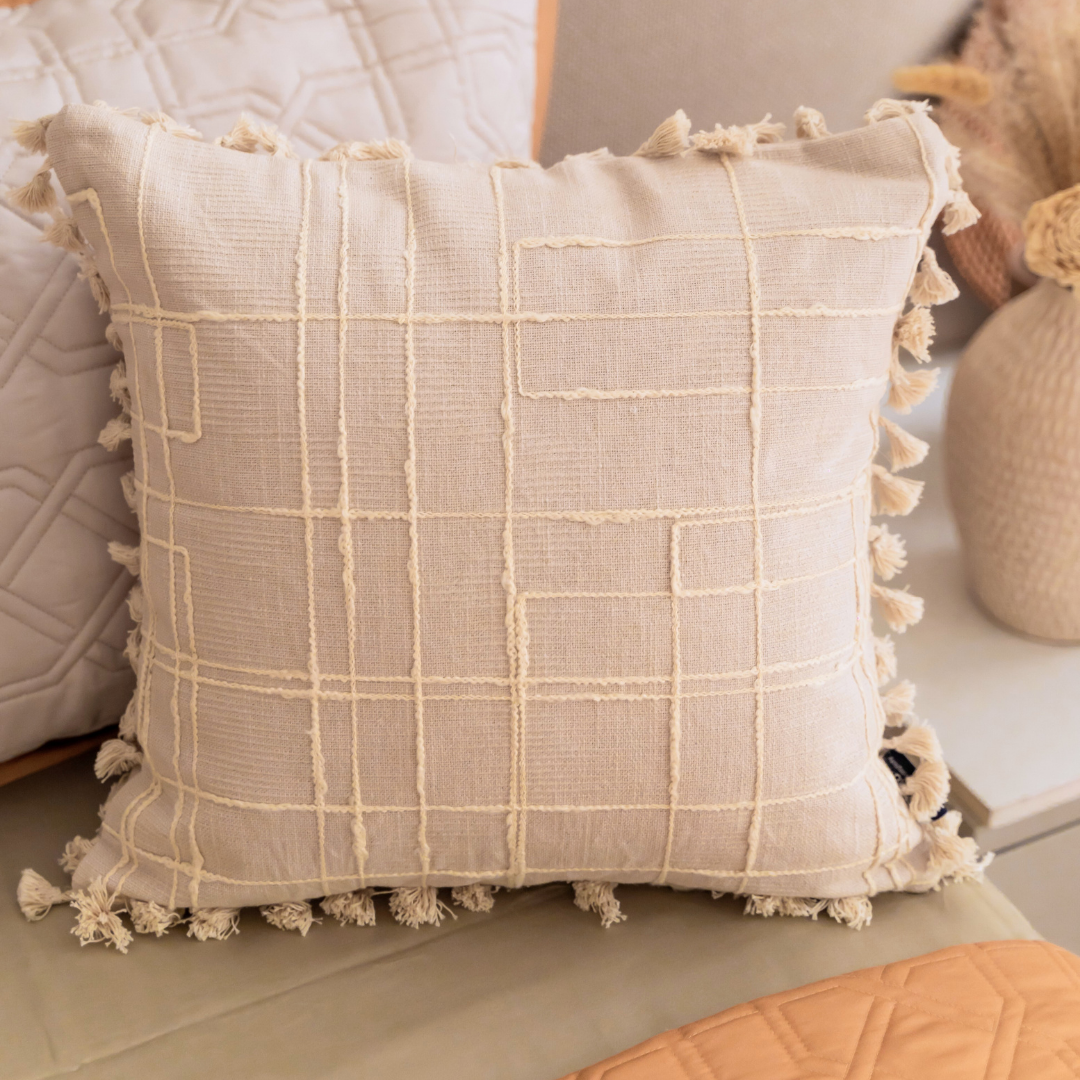 ZENZONE Cotton Embroidered Beige Cushion Cover 16" X 16" - Elysian Home Decor
