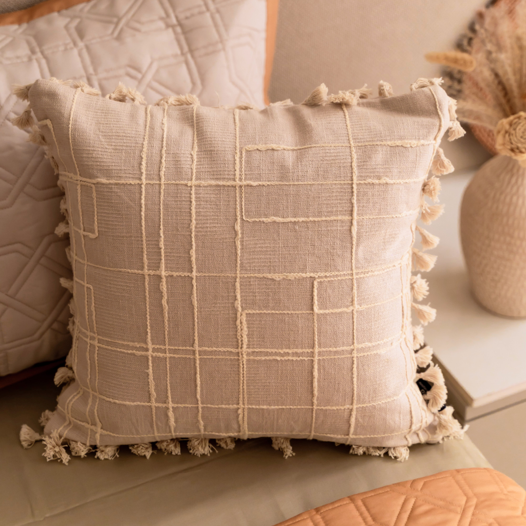 ZENZONE Cotton Embroidered Beige Cushion Cover 16" X 16" - Elysian Home Decor