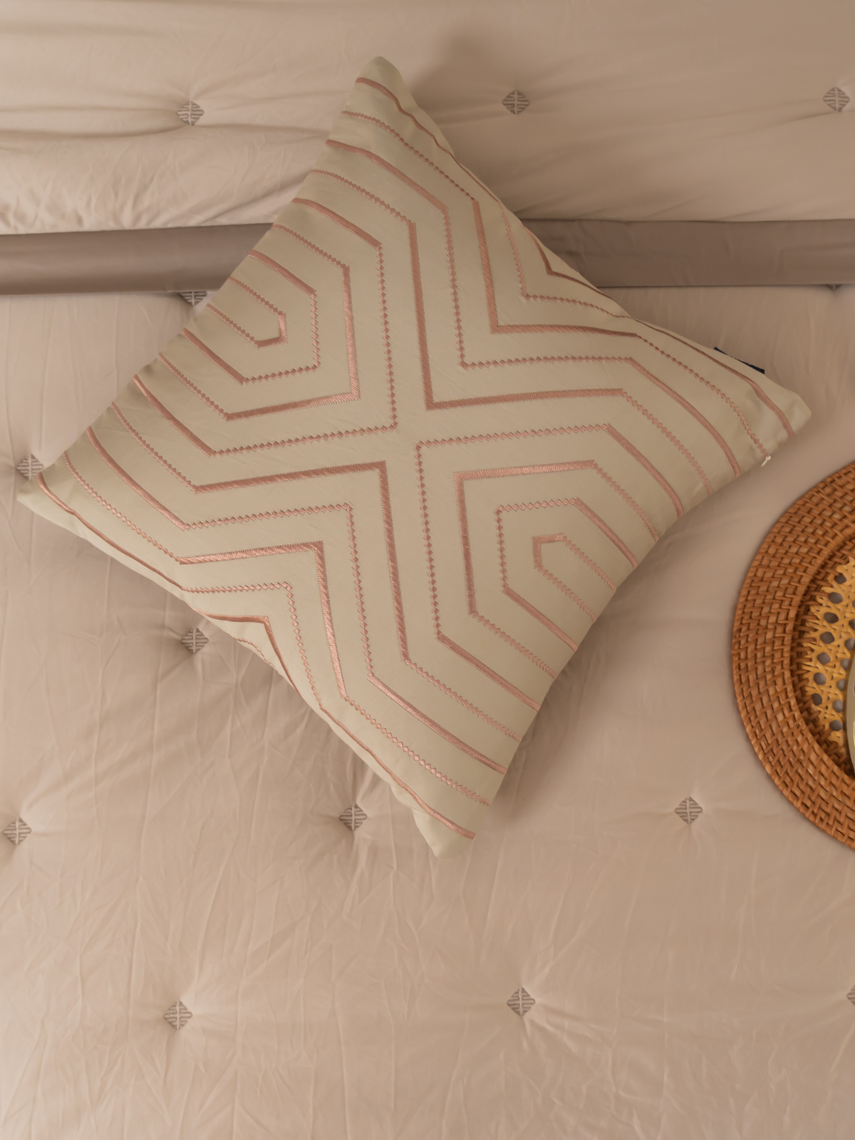 Nessel Beige Cotton Embroidered Cushion Cover 16" X 16" - Elysian Home Decor