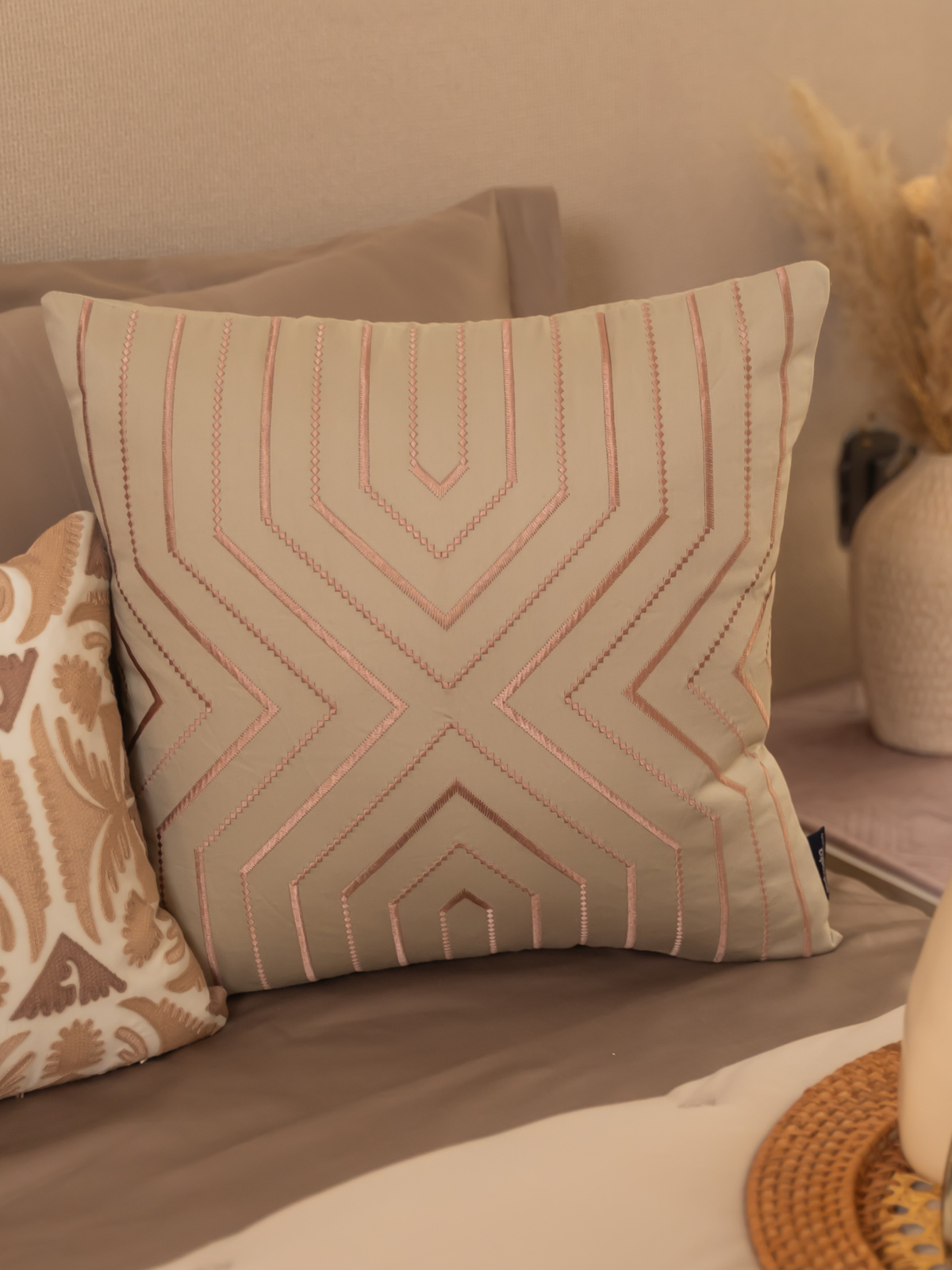 Nessel Beige Cotton Embroidered Cushion Cover 16" X 16" - Elysian Home Decor