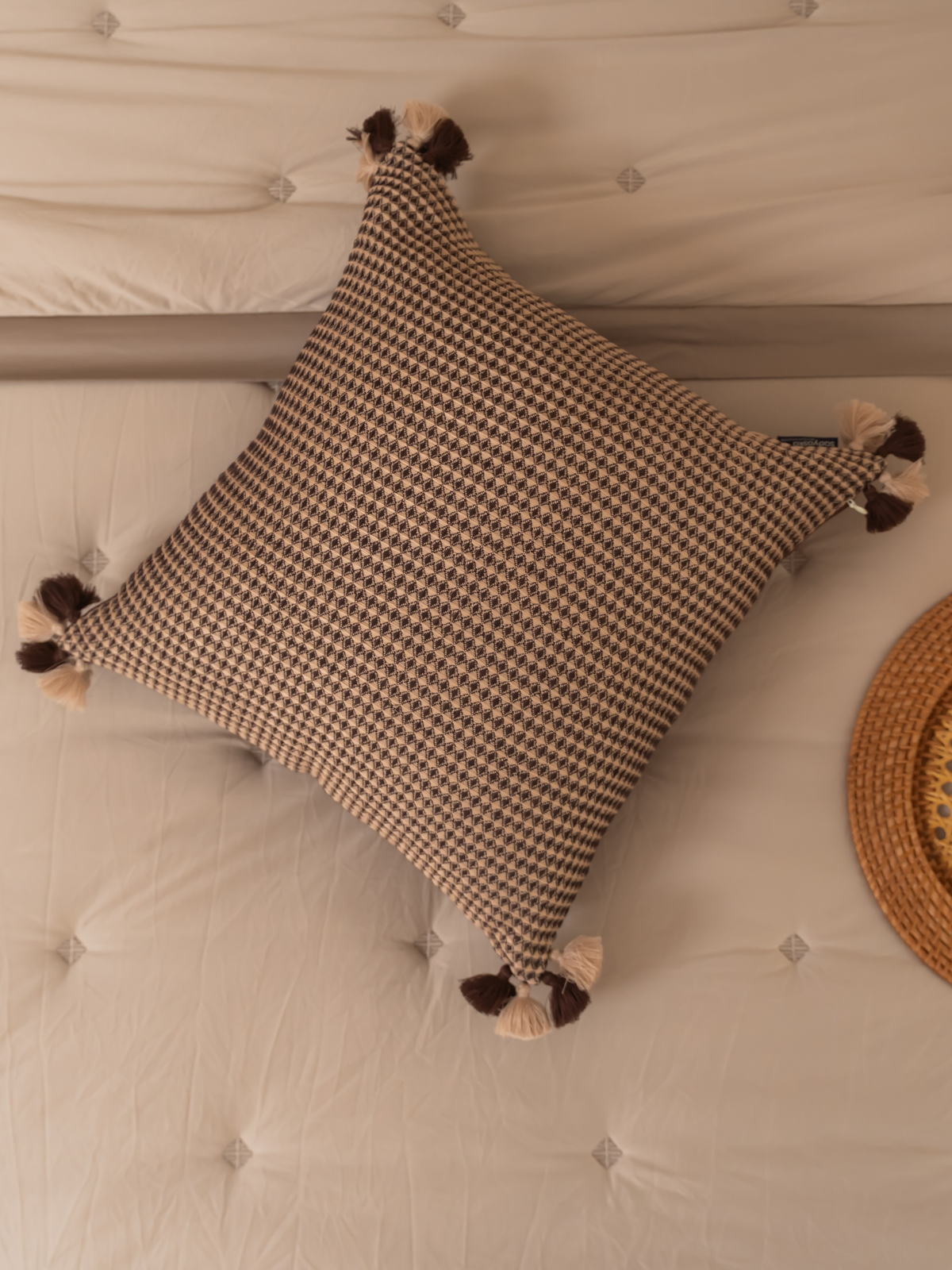 Noir Coffee Textured Woven Cushion Cover with Tassels 16" X 16" - Elysian Home Decor