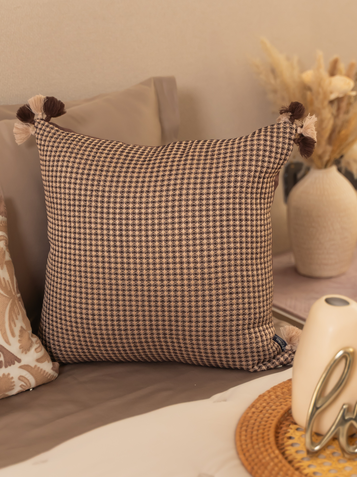 Noir Coffee Textured Woven Cushion Cover with Tassels 16" X 16" - Elysian Home Decor