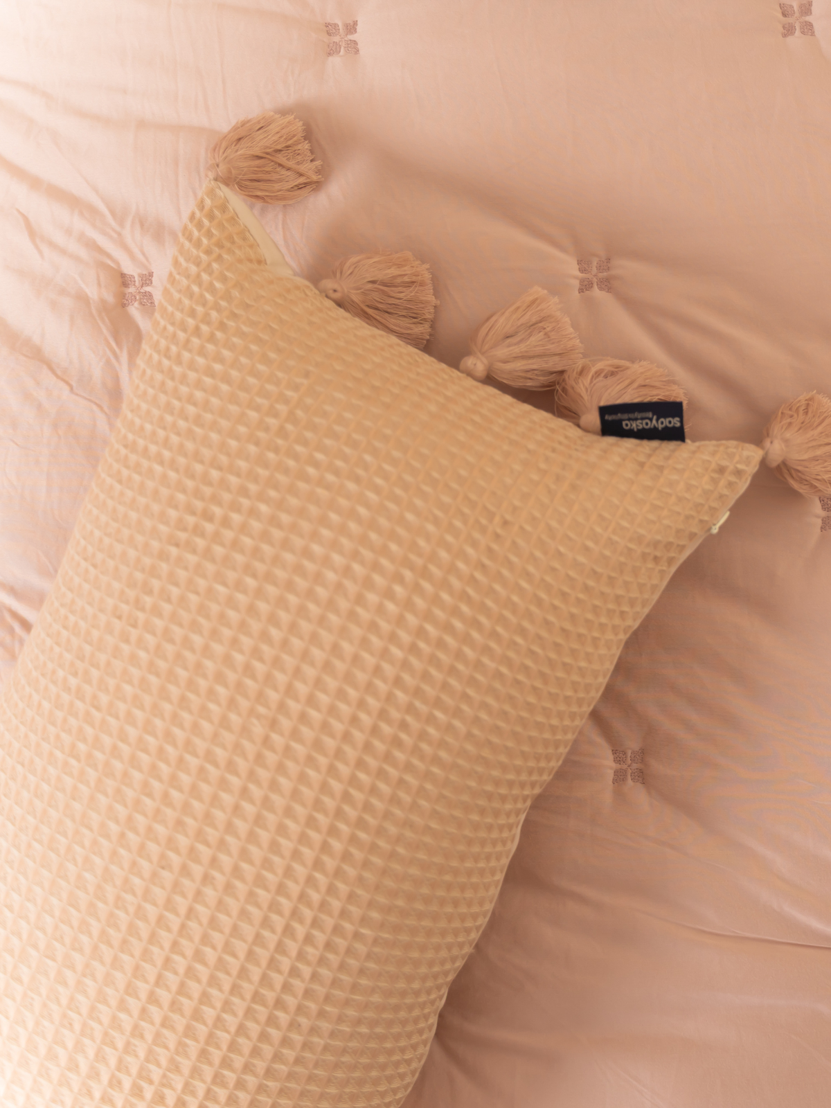 Pristine Oats Beige Textured Woven Cushion Cover with Tassels 12" X 24" - Elysian Home Decor