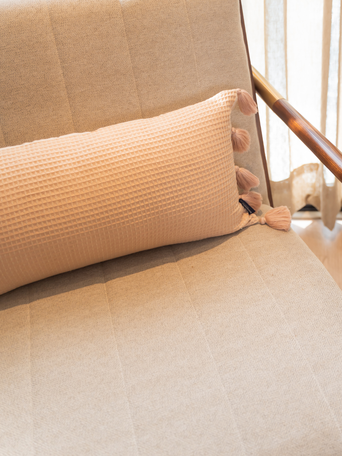 Pristine Oats Beige Textured Woven Cushion Cover with Tassels 12" X 24" - Elysian Home Decor