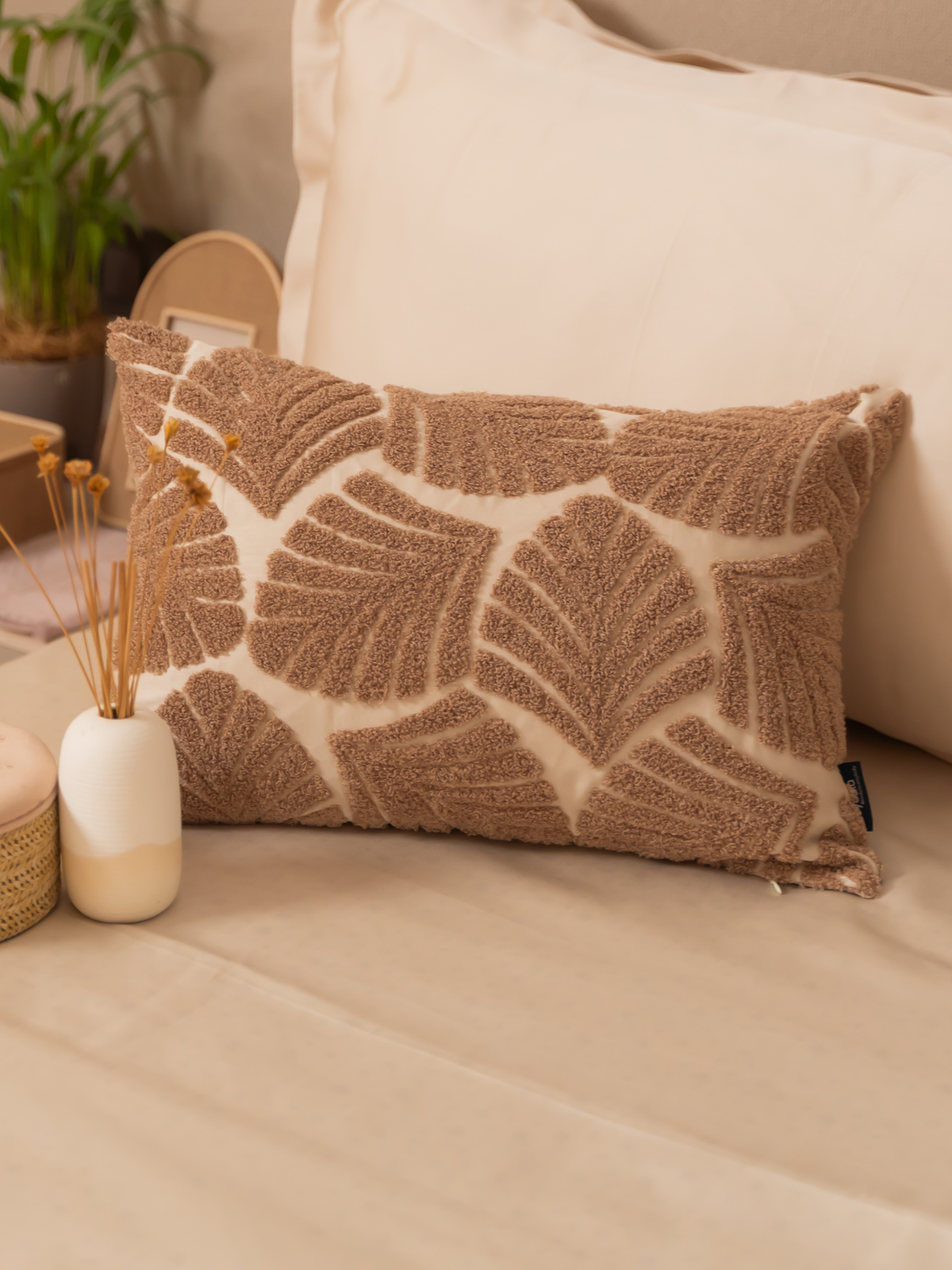 Kama Oats Beige Cotton Embroidered Cushion Cover 12" X 18" - Elysian Home Decor