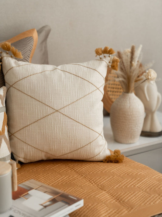 Vivian Cotton Embroidered Beige Cushion Cover 16" X 16" - Elysian Home Decor