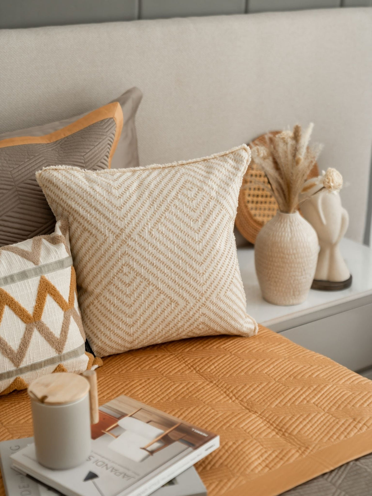 Elantra Cotton Embroidered Beige Cushion Cover 16" X 16" - Elysian Home Decor