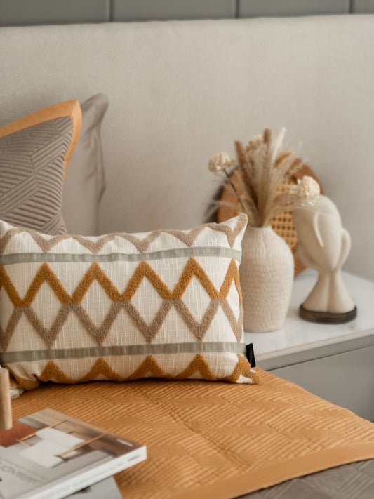 Vigo Cotton Embroidered Beige Cushion Cover 12" X 18" - Elysian Home Decor