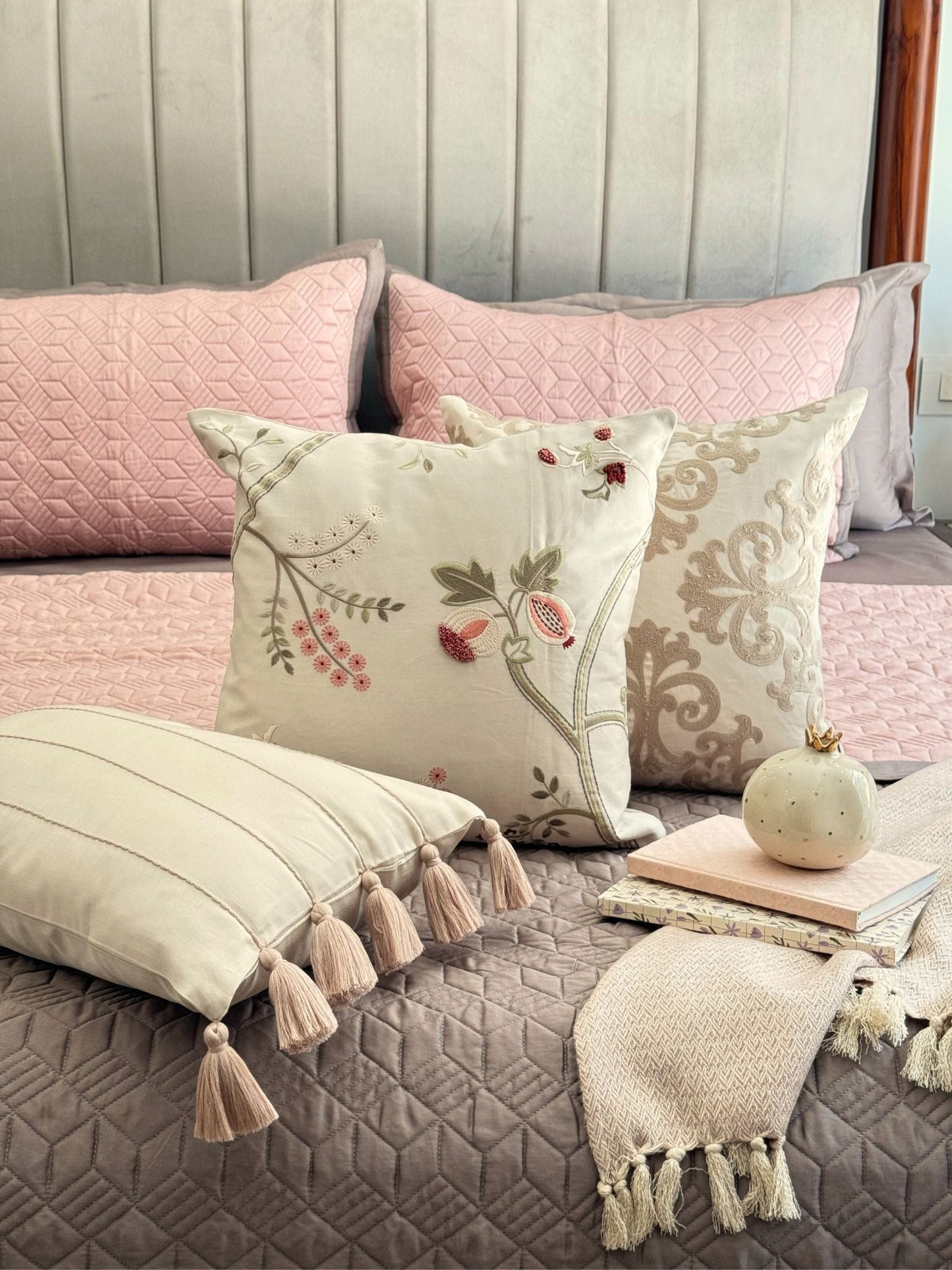Botanical Charm Cotton Embroidered Beige Cushion Cover 16" X 16" - Elysian Home Decor