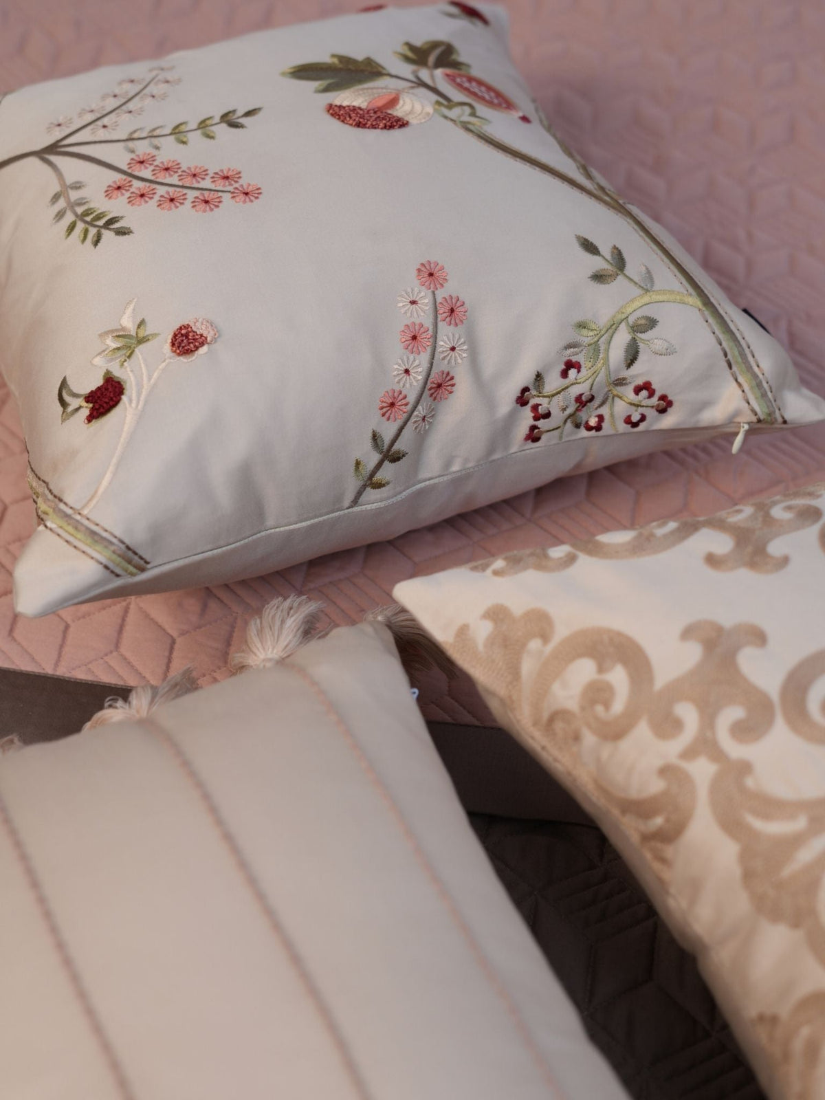 Botanical Charm Cotton Embroidered Beige Cushion Cover 16" X 16" - Elysian Home Decor