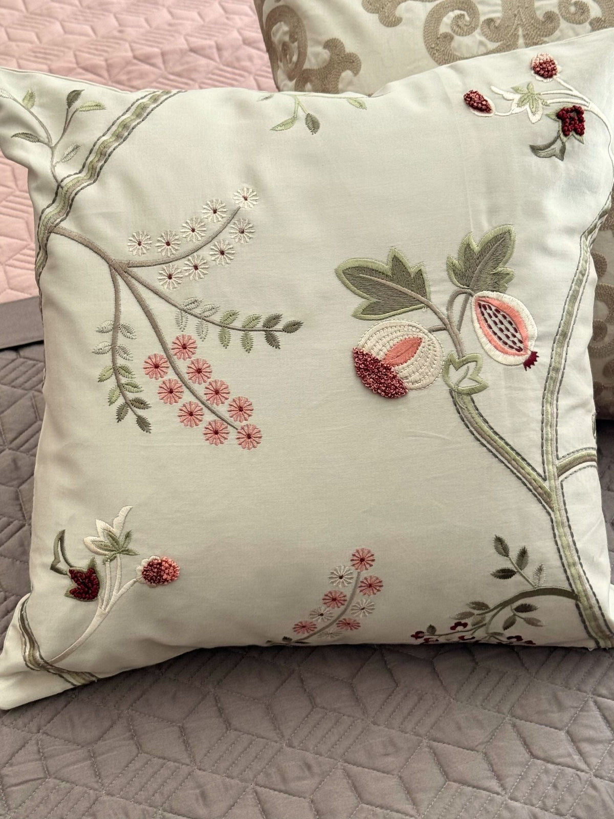 Botanical Charm Cotton Embroidered Beige Cushion Cover 16" X 16" - Elysian Home Decor